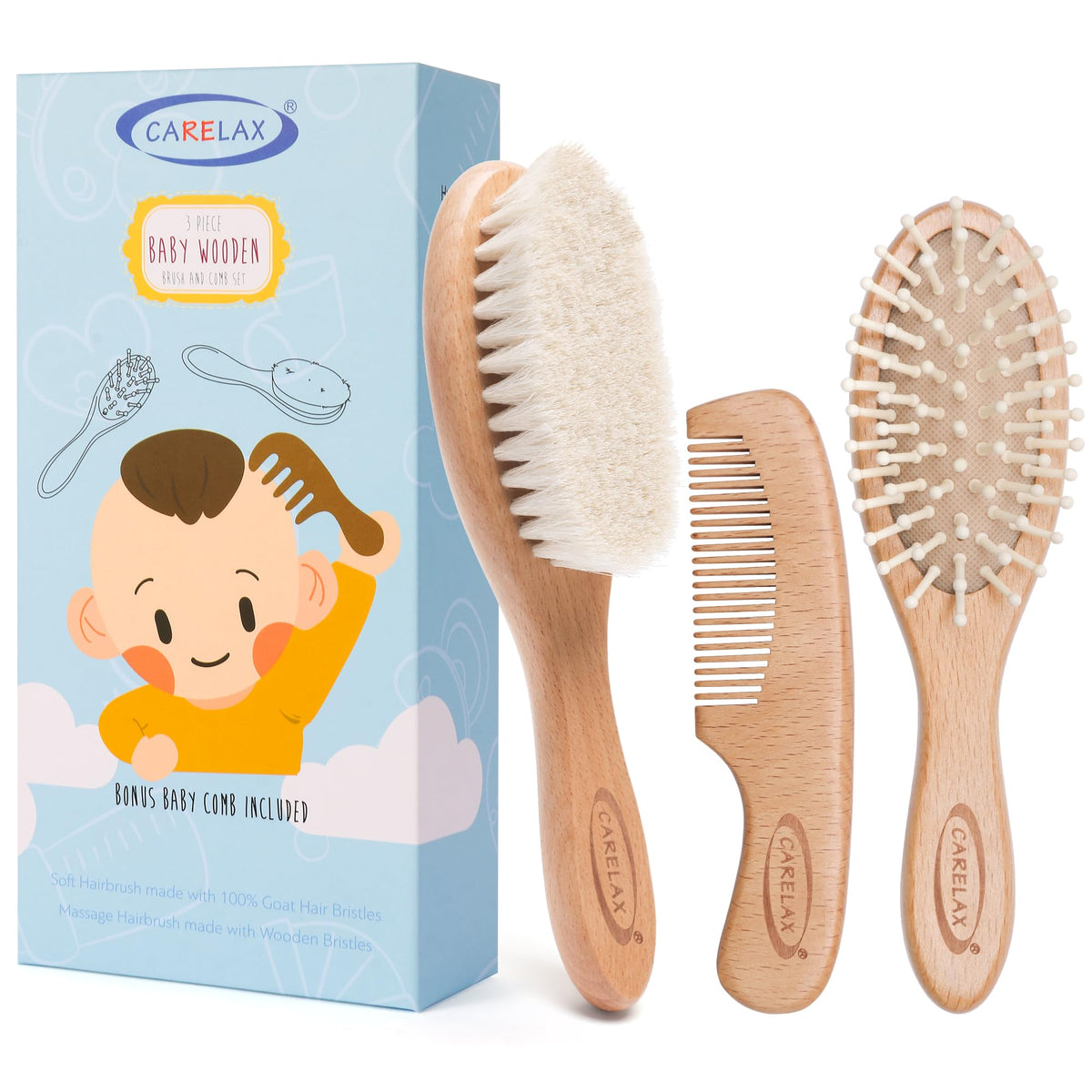 Natural Goat Hair Baby Brush and Comb Set